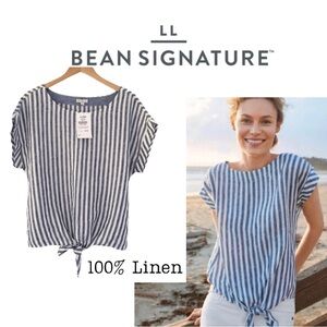 L.L. Bean Signature Linen NWT Short-sleeve Blue and White Striped Top | L